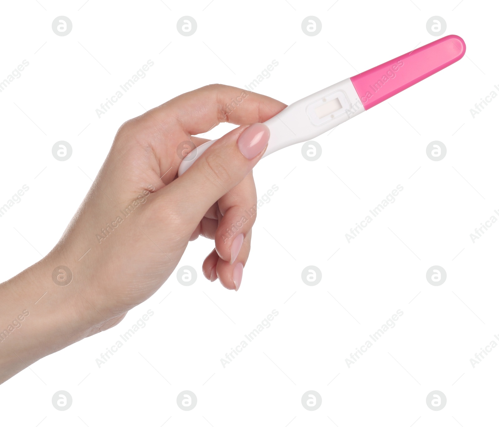 Photo of Woman holding pregnancy test on white background, closeup