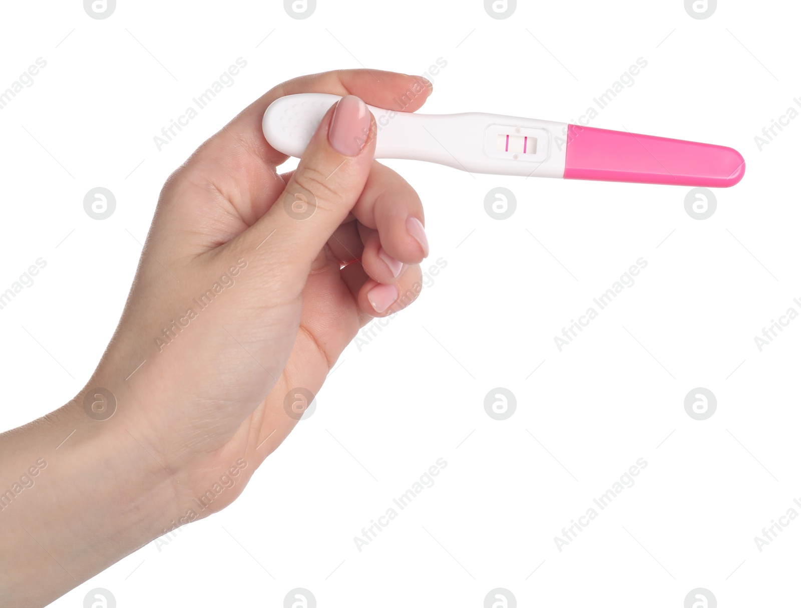 Photo of Woman holding pregnancy test on white background, closeup