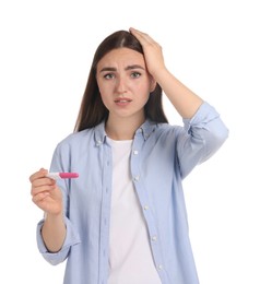 Confused woman holding pregnancy test on white background