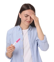 Confused woman holding pregnancy test on white background