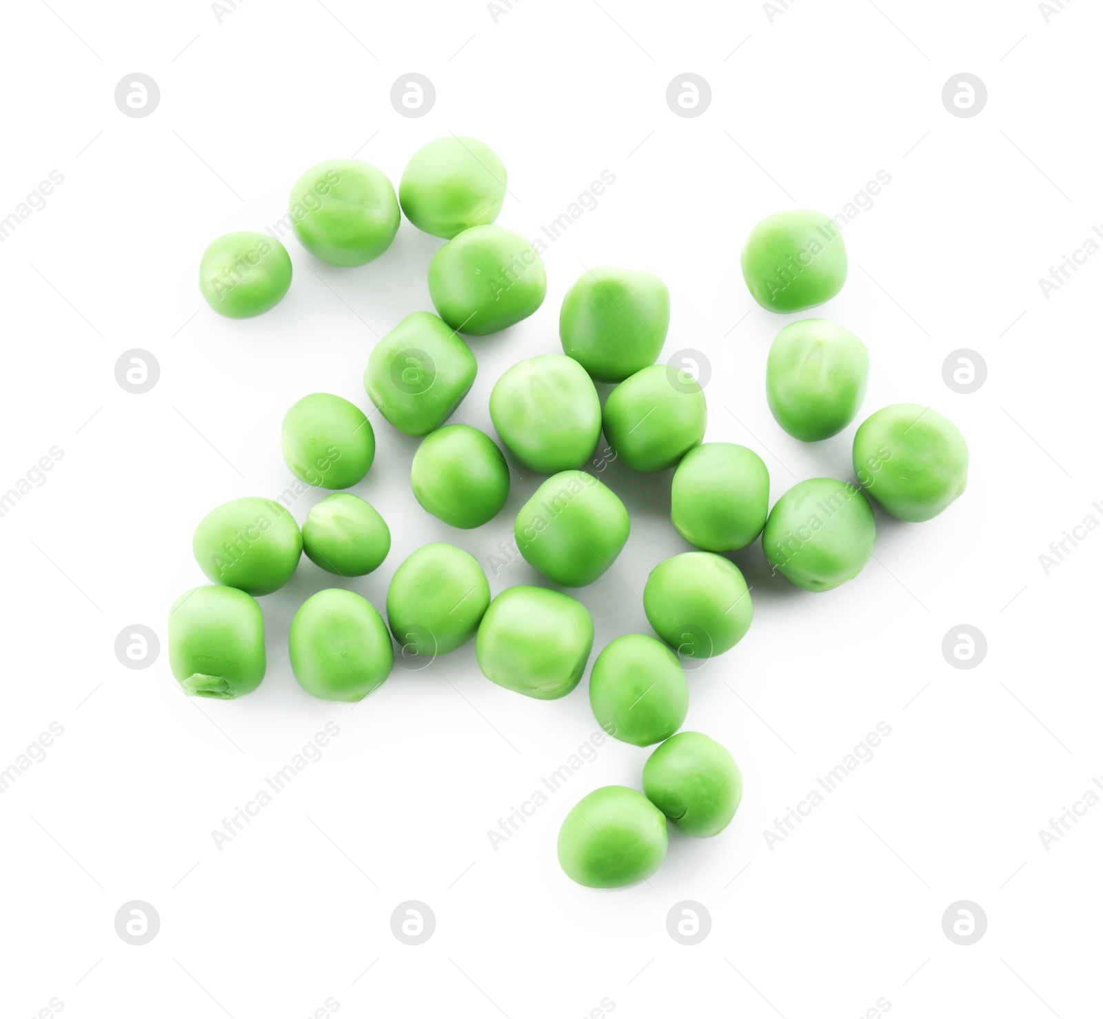 Photo of Pile of fresh green peas isolated on white, top view