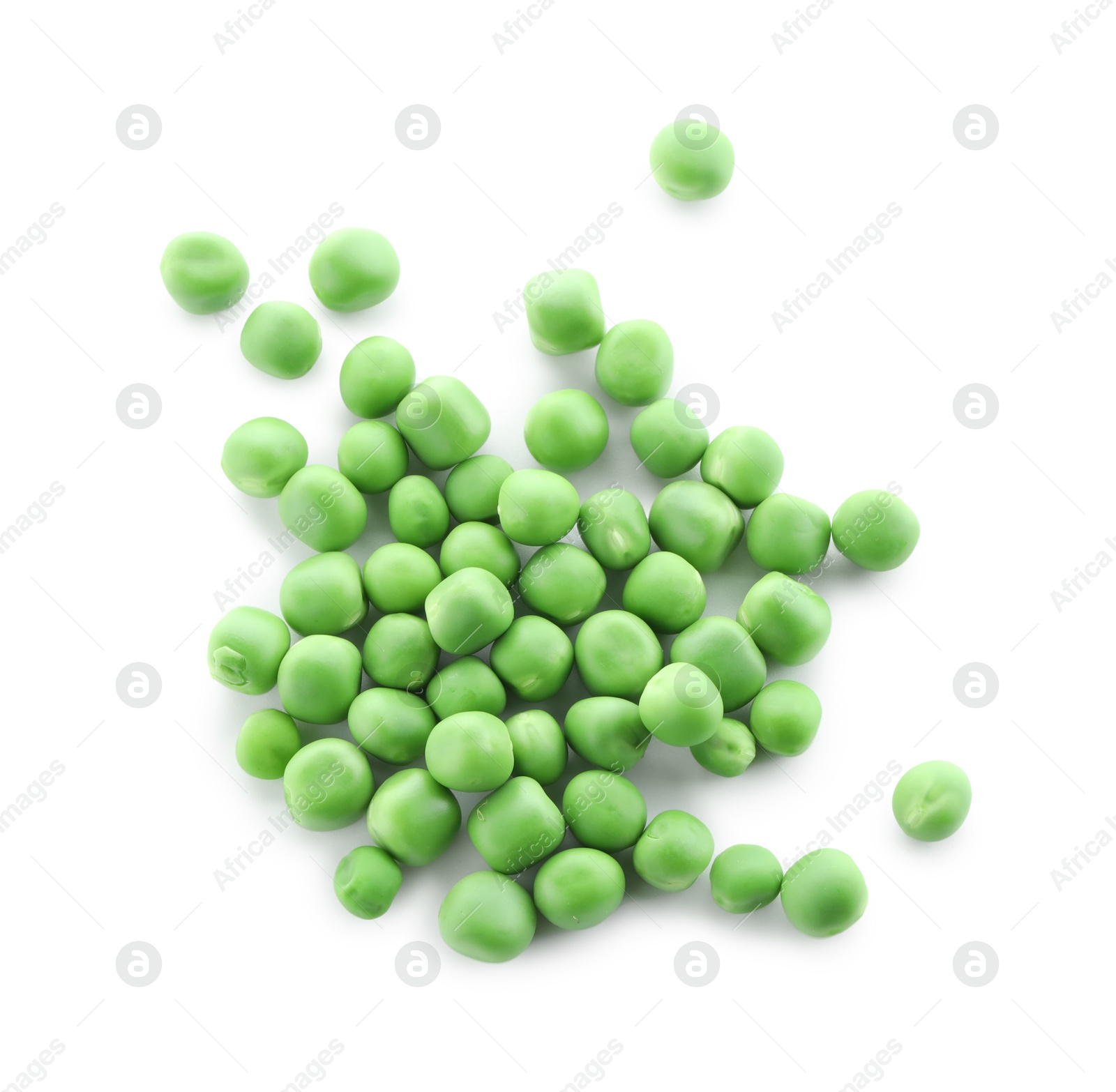 Photo of Pile of fresh green peas isolated on white, top view