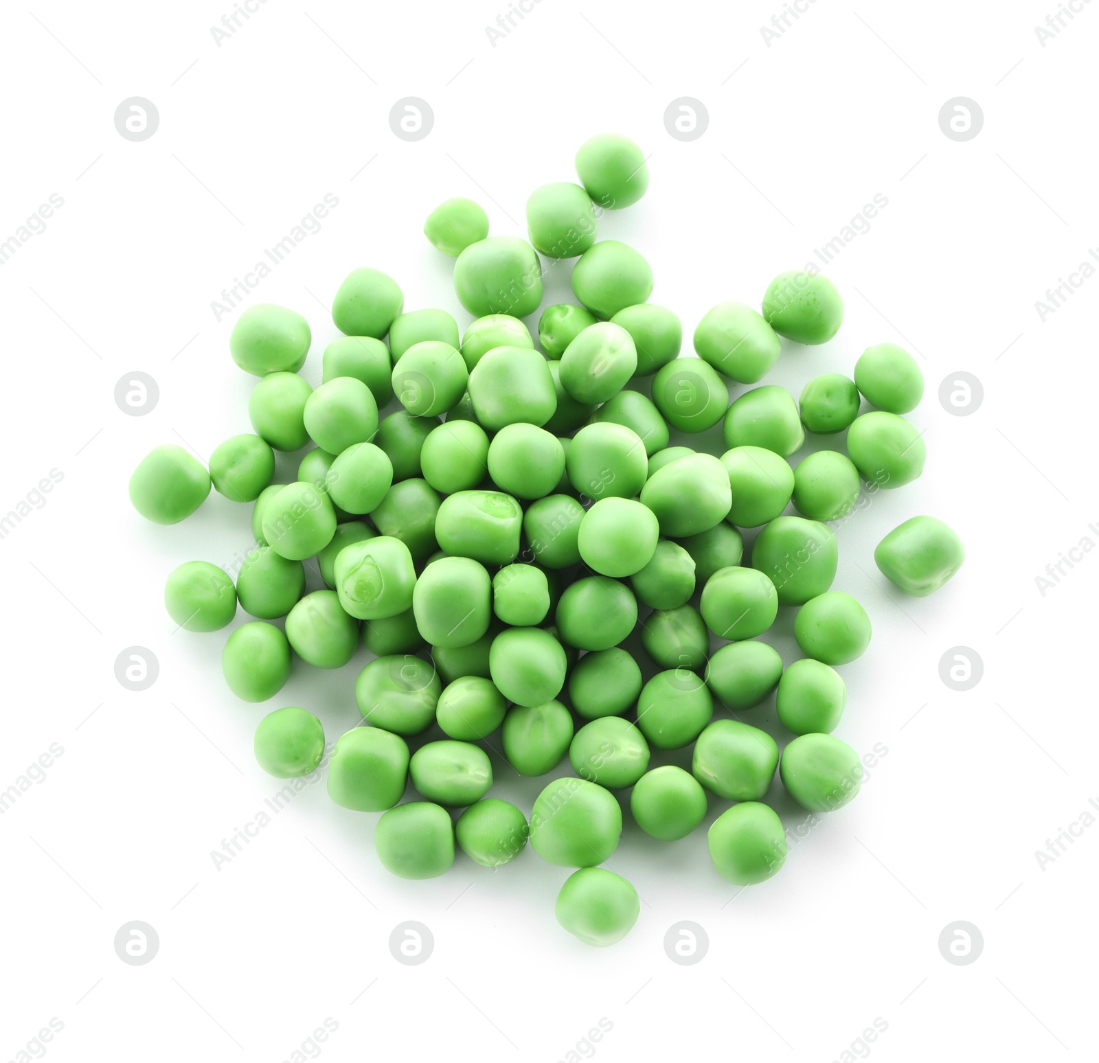 Photo of Pile of fresh green peas isolated on white, top view