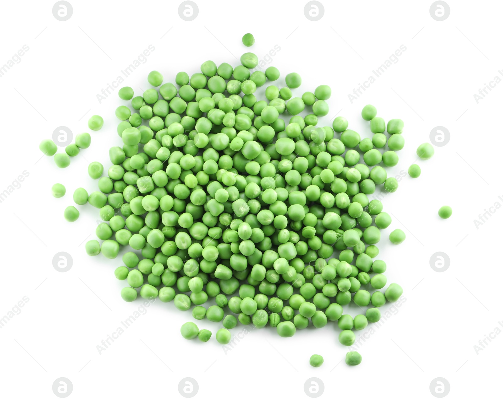 Photo of Pile of fresh green peas isolated on white, top view