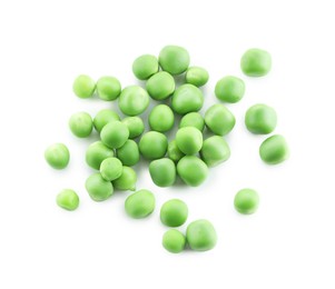 Photo of Fresh green peas isolated on white, top view