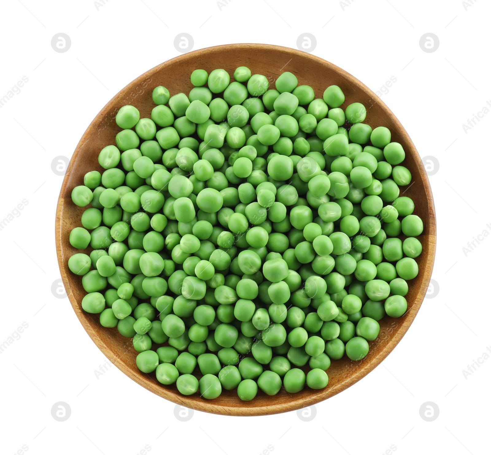 Photo of Fresh green peas in bowl isolated on white, top view