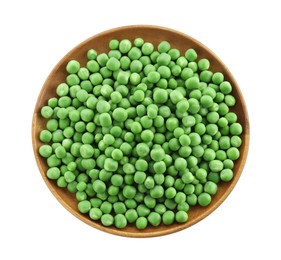 Photo of Fresh green peas in bowl isolated on white, top view