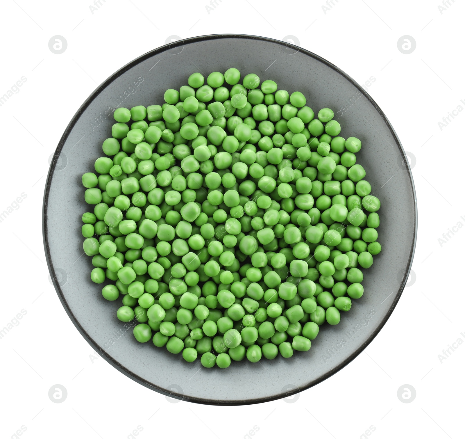 Photo of Plate with fresh green peas isolated on white, top view