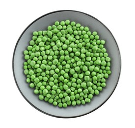 Photo of Plate with fresh green peas isolated on white, top view