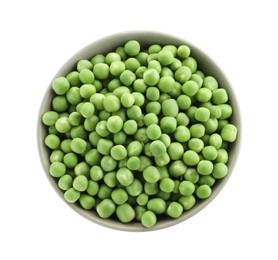 Photo of Fresh green peas in bowl isolated on white, top view