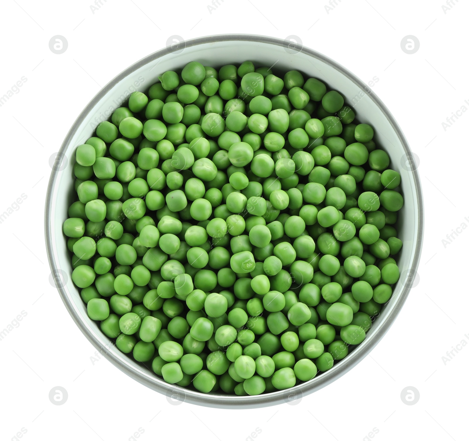 Photo of Fresh green peas in bowl isolated on white, top view