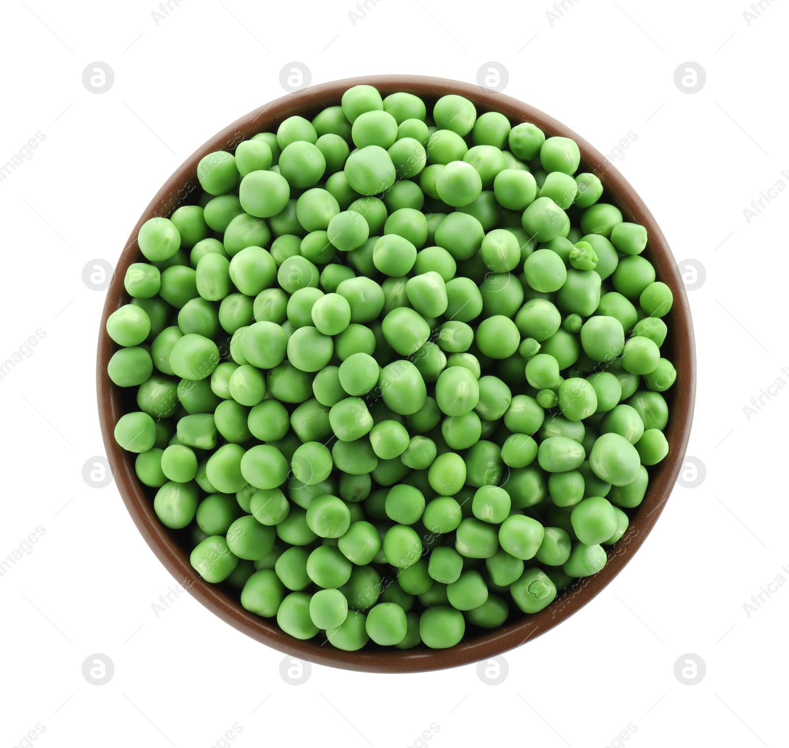 Photo of Fresh green peas in bowl isolated on white, top view