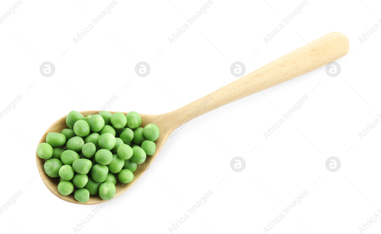 Photo of Spoon with fresh green peas isolated on white, top view