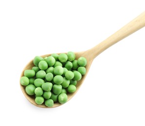 Photo of Spoon with fresh green peas isolated on white, top view