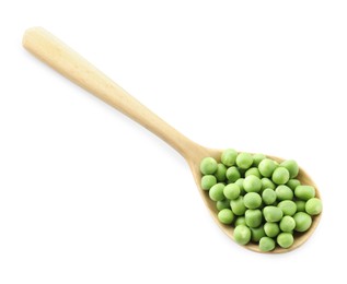 Photo of Spoon with fresh green peas isolated on white, top view