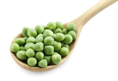 Photo of Spoon with fresh green peas isolated on white