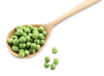 Photo of Spoon with fresh green peas isolated on white, top view