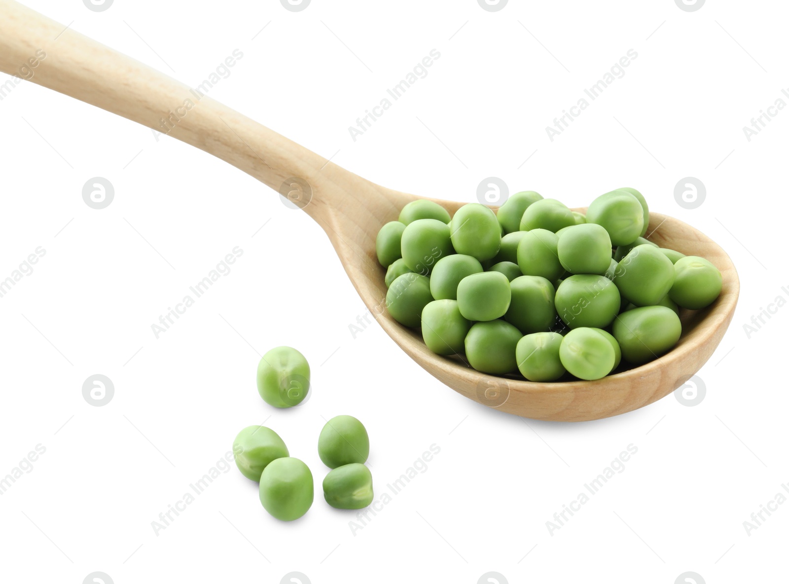 Photo of Spoon with fresh green peas isolated on white