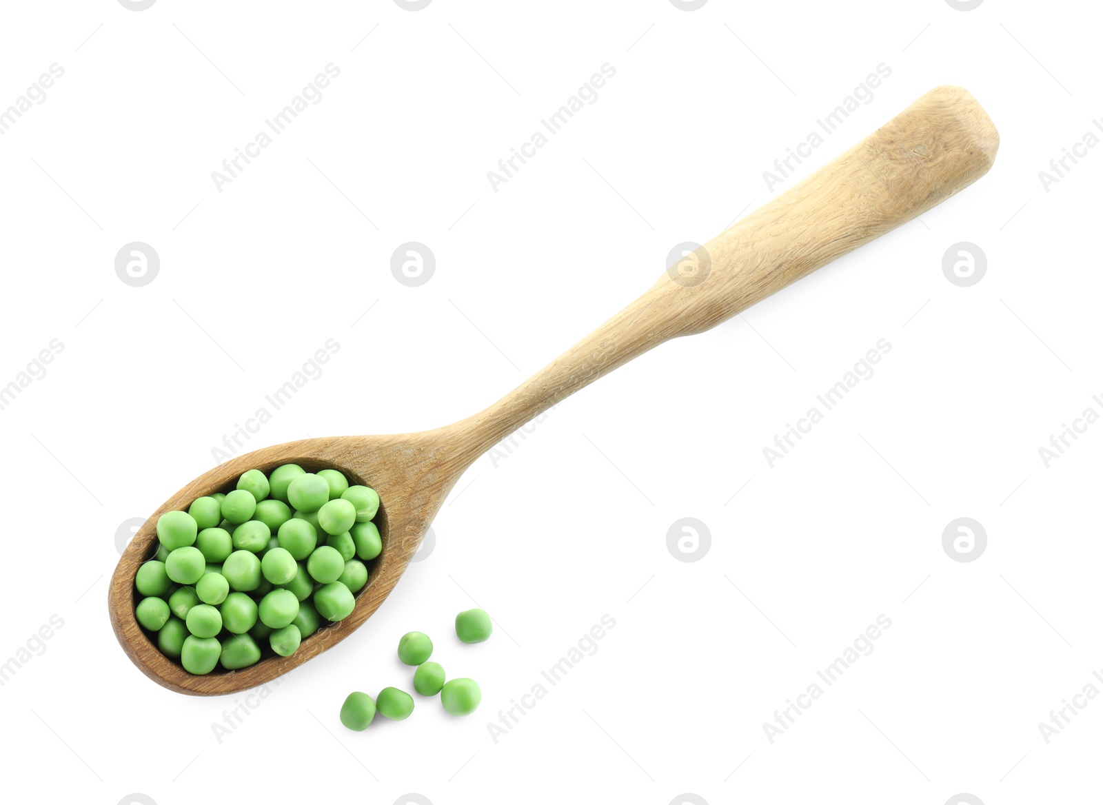 Photo of Spoon with fresh green peas isolated on white, top view