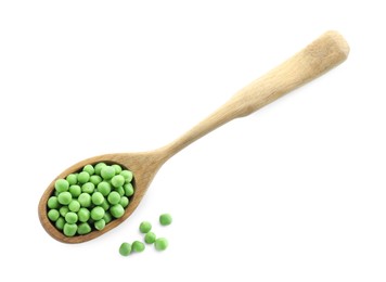 Photo of Spoon with fresh green peas isolated on white, top view