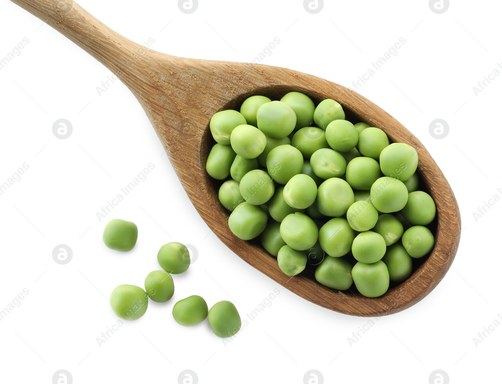 Photo of Spoon with fresh green peas isolated on white, top view