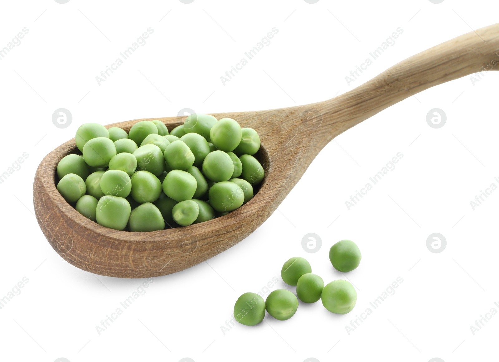 Photo of Spoon with fresh green peas isolated on white