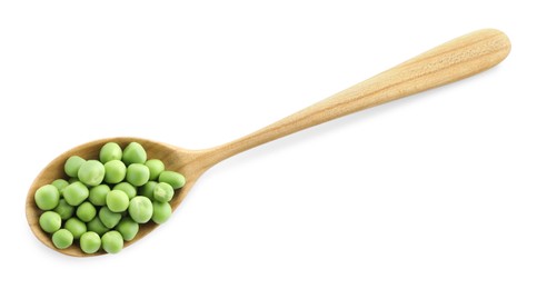 Photo of Spoon with fresh green peas isolated on white, top view