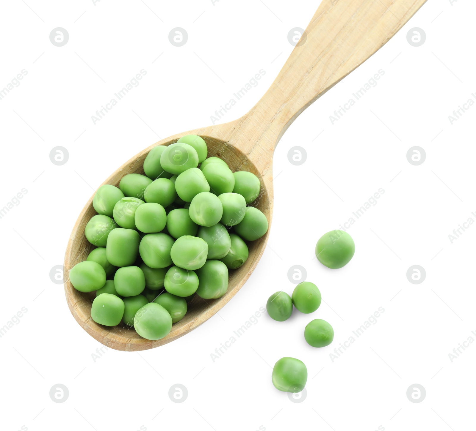 Photo of Spoon with fresh green peas isolated on white, top view