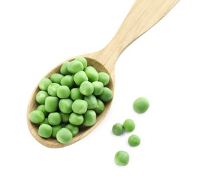 Photo of Spoon with fresh green peas isolated on white, top view