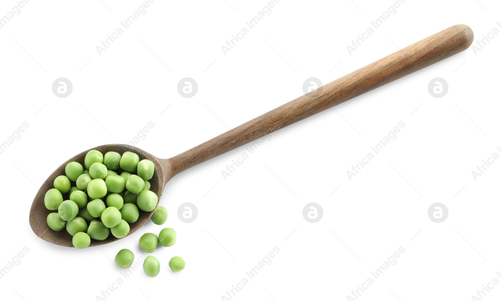 Photo of Spoon with fresh green peas isolated on white, top view