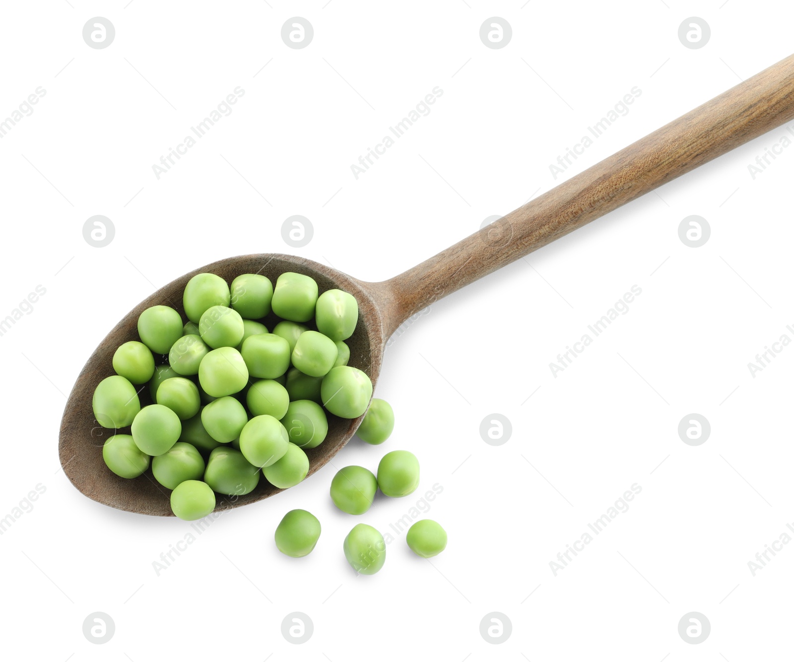 Photo of Spoon with fresh green peas isolated on white, top view