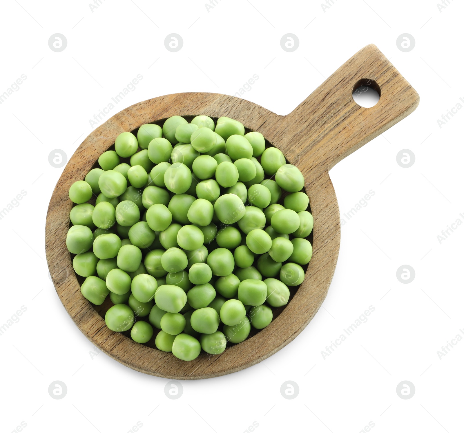 Photo of Board with fresh green peas isolated on white, top view