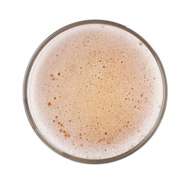 Photo of Glass of light beer isolated on white, top view