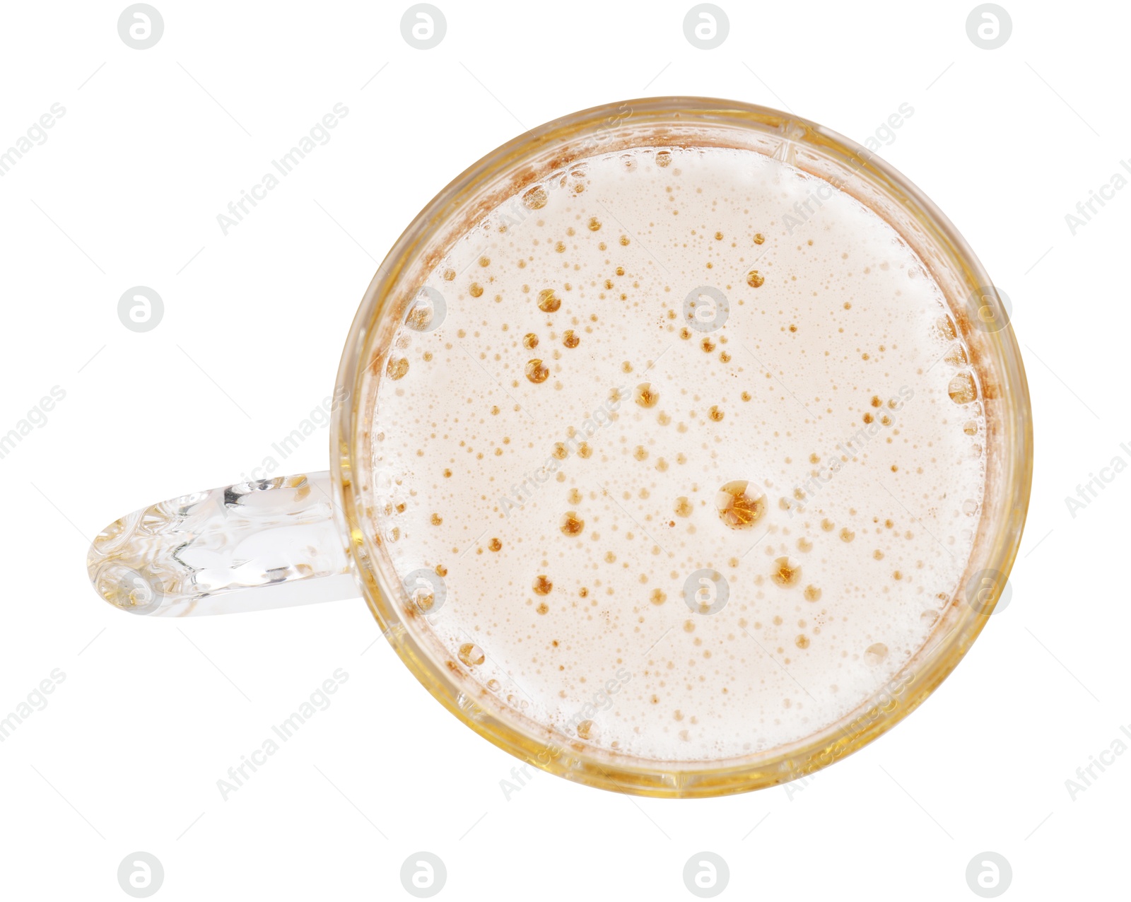 Photo of Glass mug of light beer isolated on white, top view