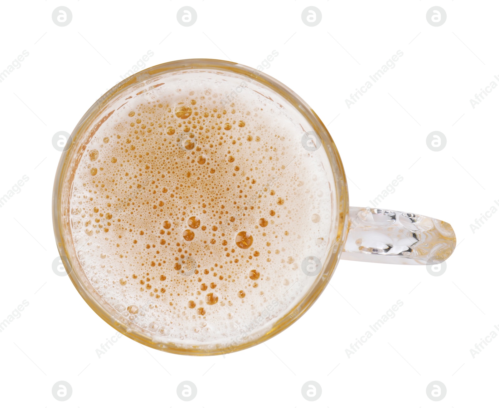 Photo of Glass mug of light beer isolated on white, top view