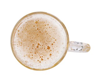 Photo of Glass mug of light beer isolated on white, top view