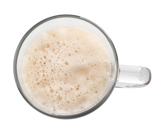 Glass mug of beer isolated on white, top view