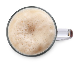 Photo of Glass mug of beer isolated on white, top view