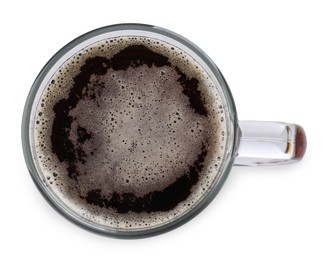 Photo of Glass mug of dark beer isolated on white, top view