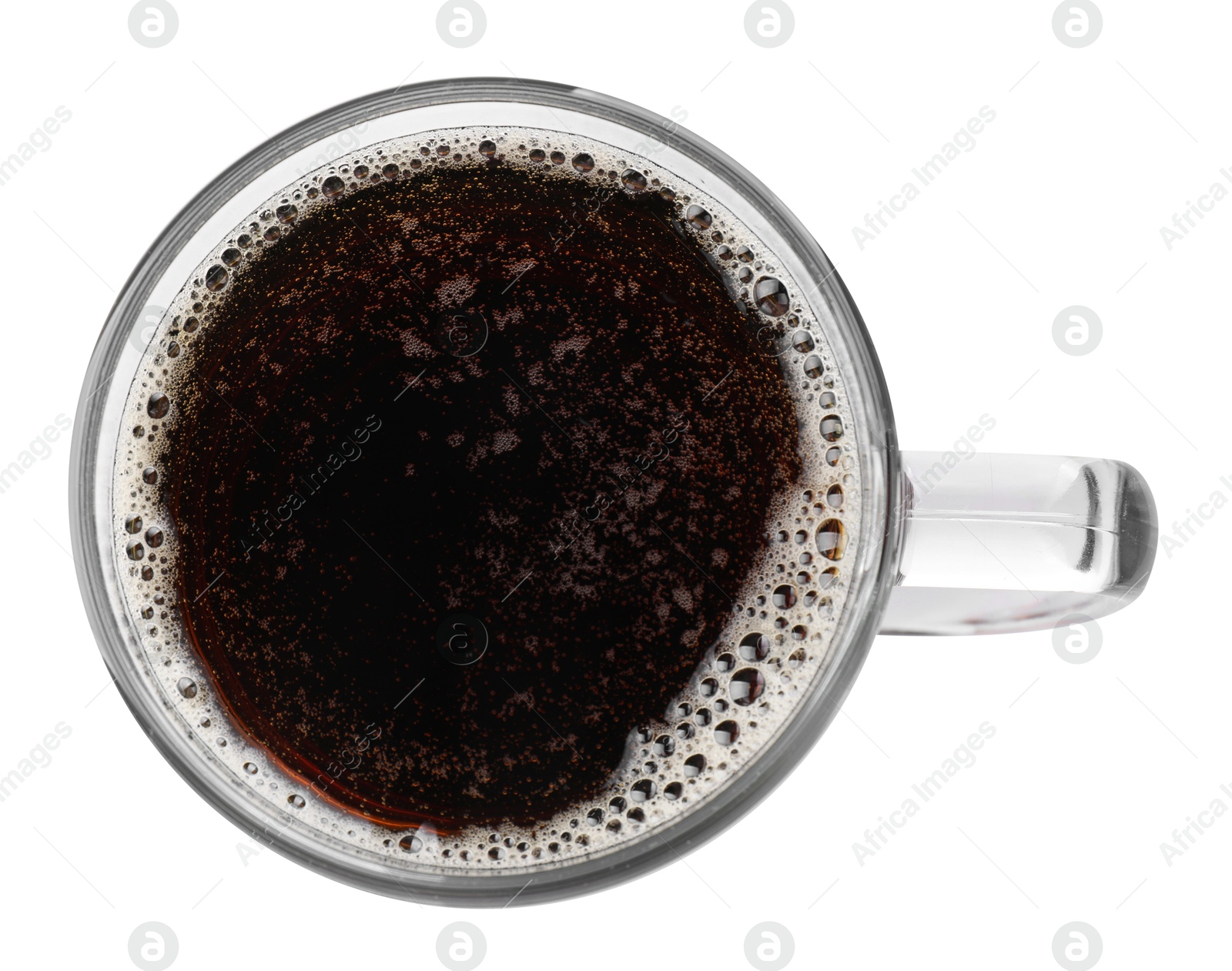 Photo of Glass mug of dark beer isolated on white, top view