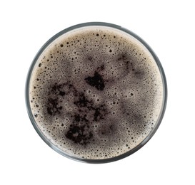 Photo of Glass mug of dark beer isolated on white, top view