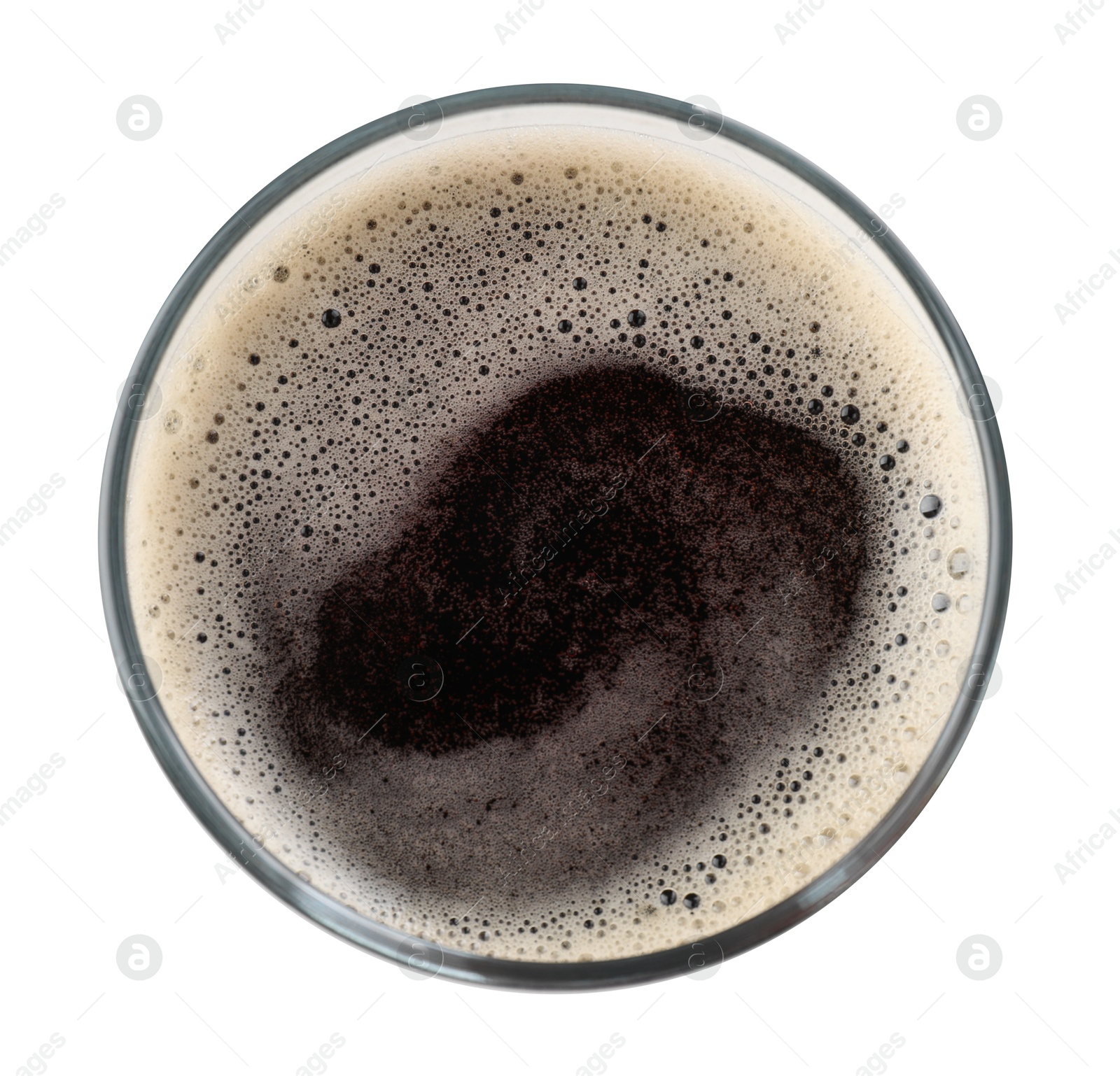 Photo of Glass mug of dark beer isolated on white, top view