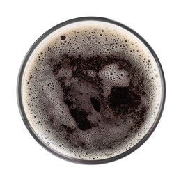 Photo of Glass mug of dark beer isolated on white, top view