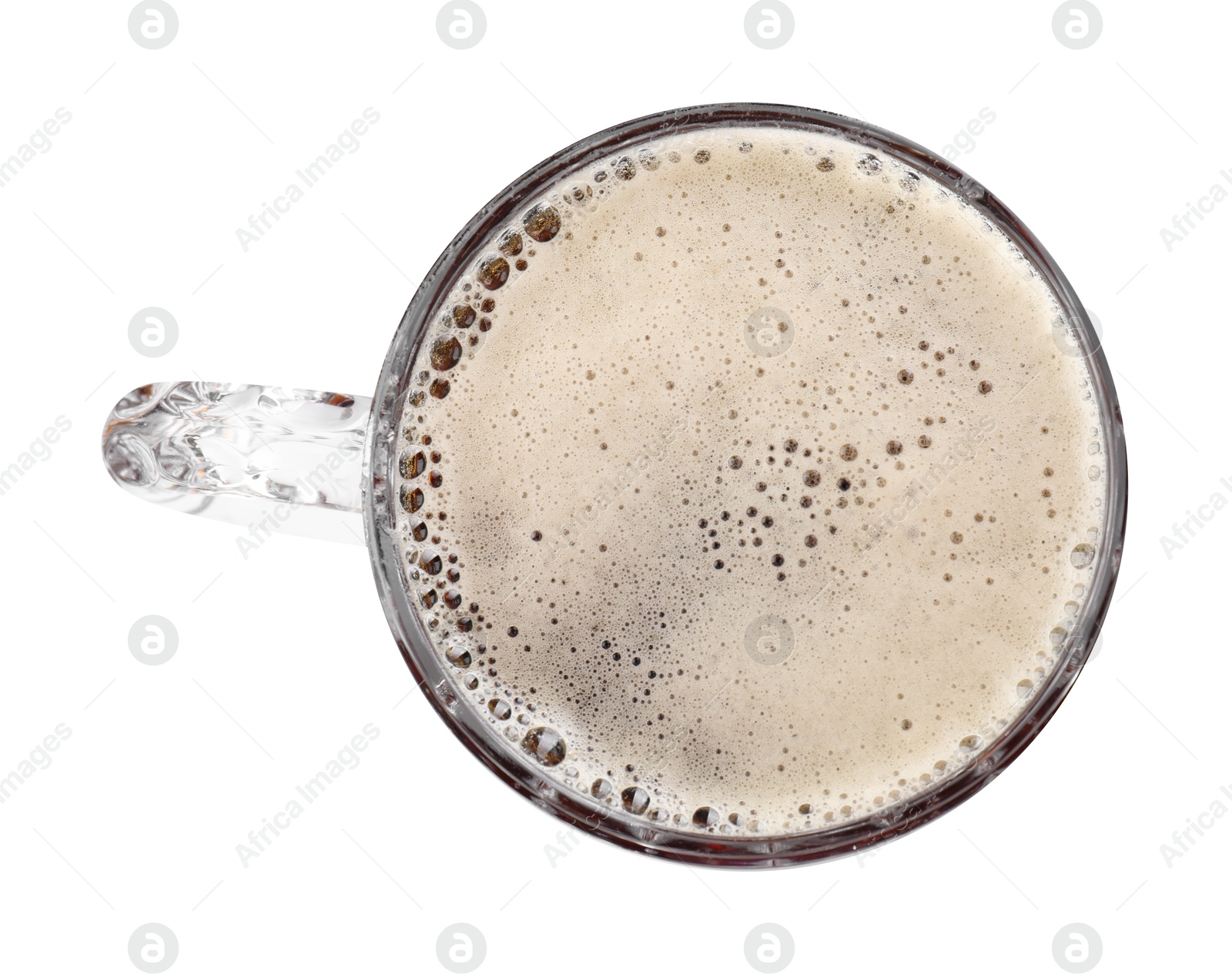 Photo of Glass mug of dark beer isolated on white, top view