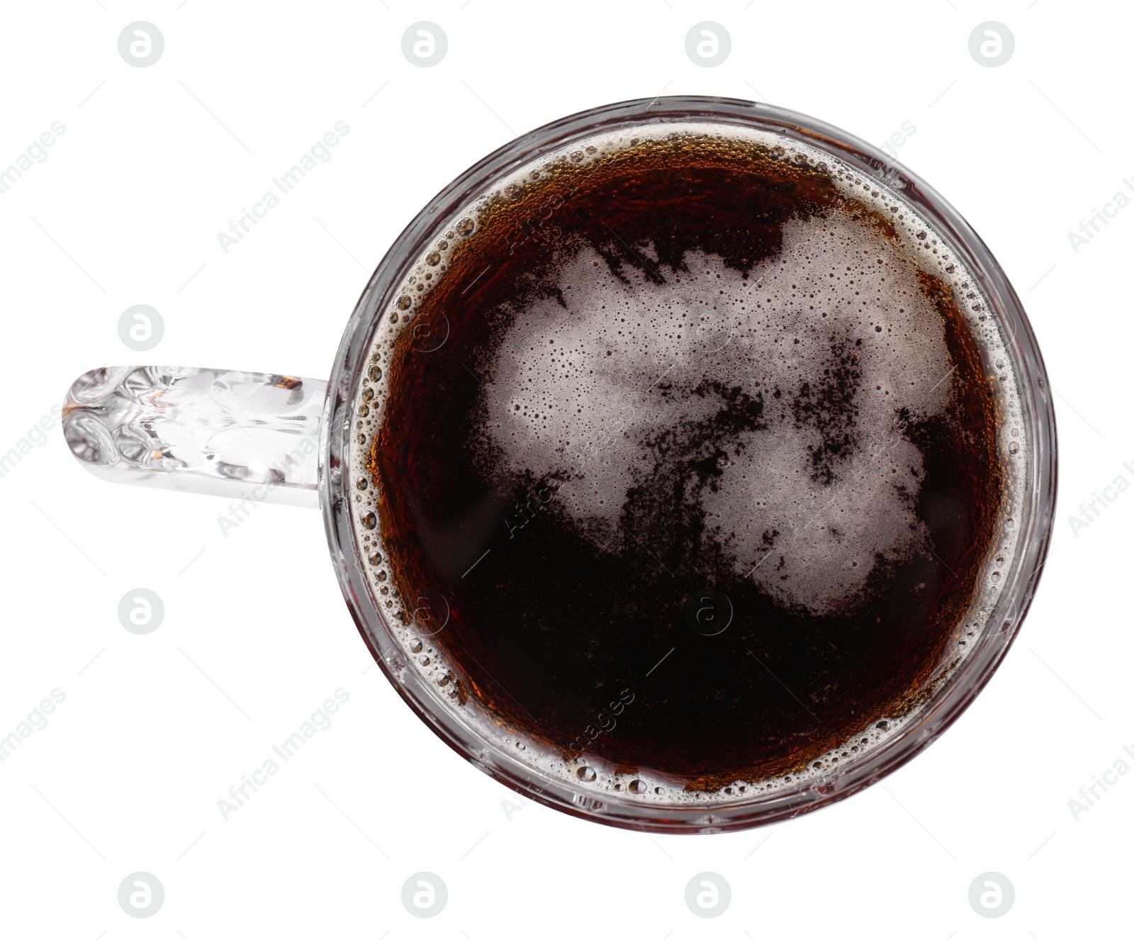 Photo of Glass mug of dark beer isolated on white, top view