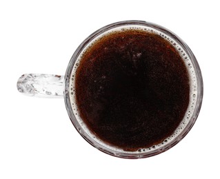 Photo of Glass mug of dark beer isolated on white, top view