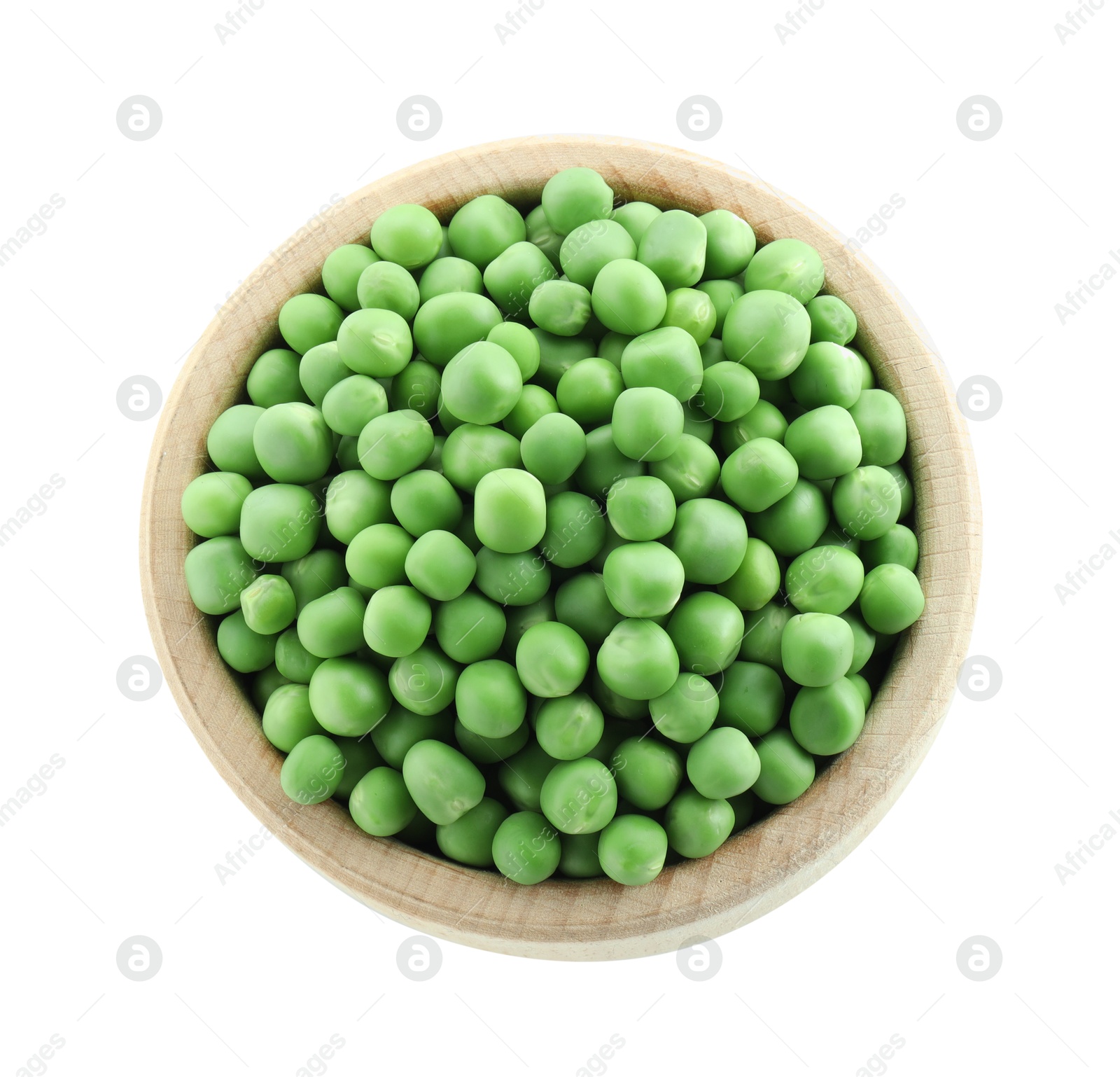 Photo of Fresh green peas in bowl isolated on white, top view