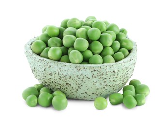 Photo of Fresh green peas in bowl isolated on white