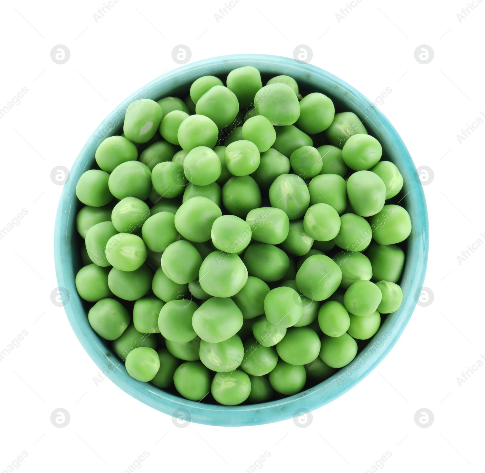 Photo of Fresh green peas in bowl isolated on white, top view