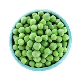 Photo of Fresh green peas in bowl isolated on white, top view